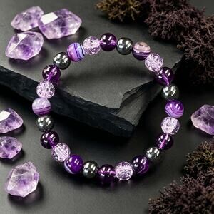 Natural Amethyst Striped Agate Beaded Bracelet Healing Crystal Elastic New